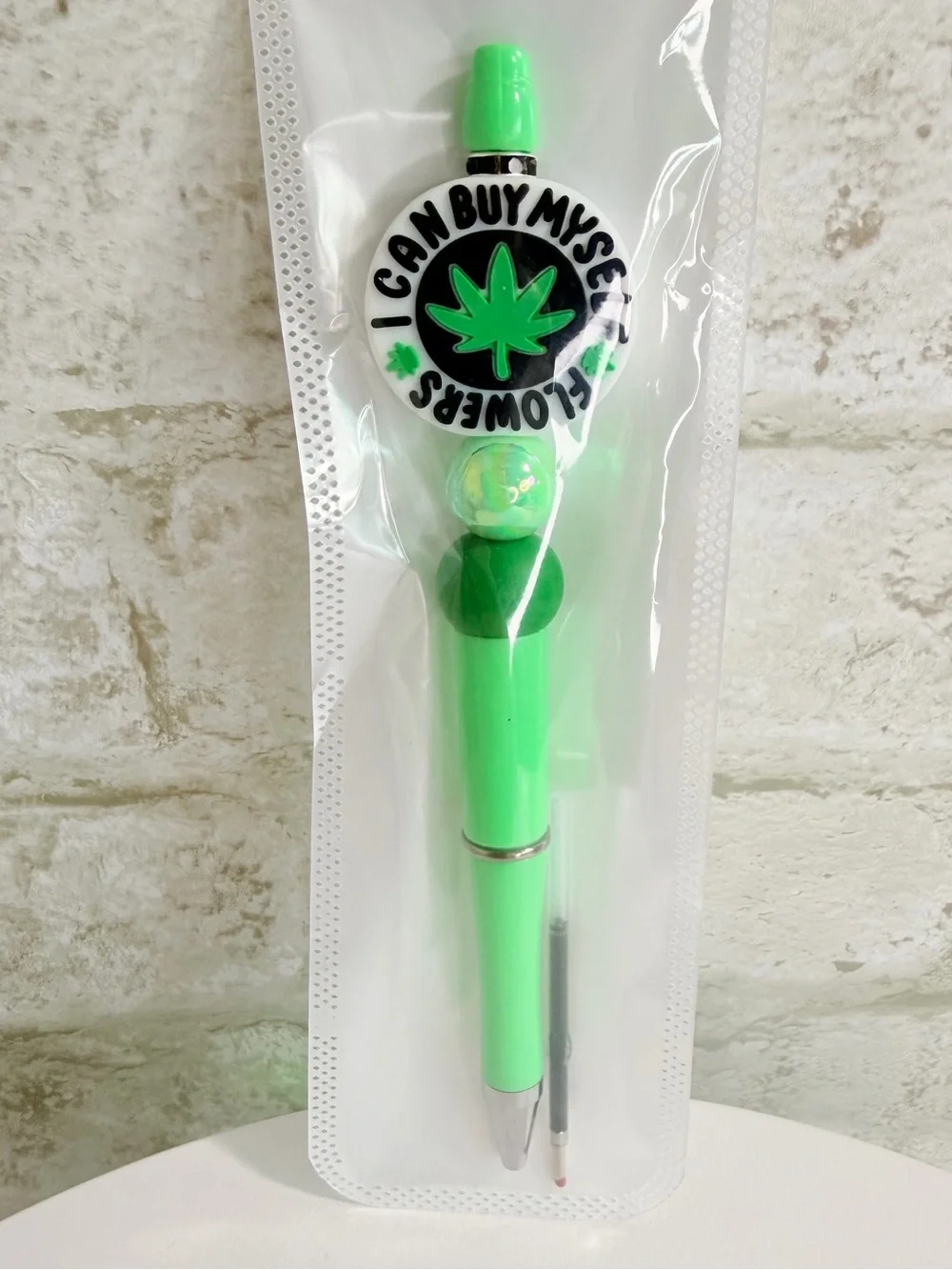 I Can Buy Myself Flowers Handmade Novelty Pen with Cannabis Leaf Badge w Refill